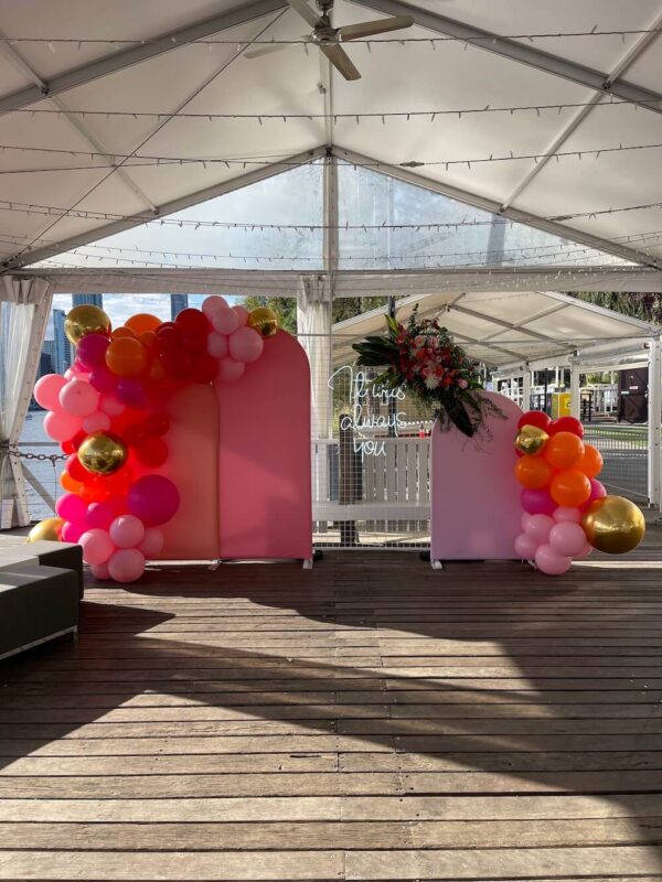 Chiara Arch Backdrop Set of 3 Pink Orange Wedding Hire Events Engagement Party Melanie Jane Weddings and Events