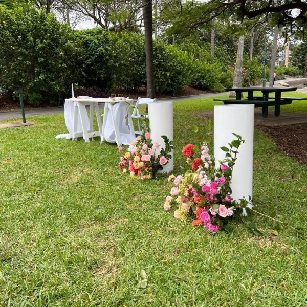 White Round Acrylic Plinths Cake Table Stand Hire Balloon Styling Brisbane MJWED